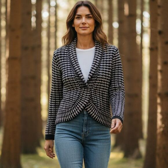 Tribal Sweaters - Tribal Cardigan Sweater Womens Medium Black Gray Chunky Knit Boho Wool Blend